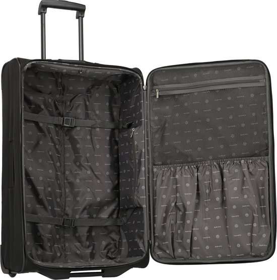 Valise trolley noire ouverte, avec doublure noire, sangles et compartiments. Intérieur de la valise.