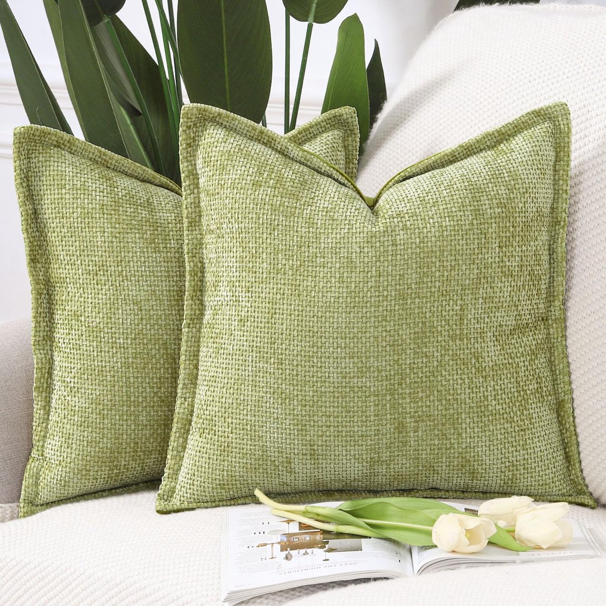 Goodivery ® Stijlvolle set van 2 luxe kussenhoezen met chenille en fluwelen afwerking, lichtgroen, 60 x 60 cm