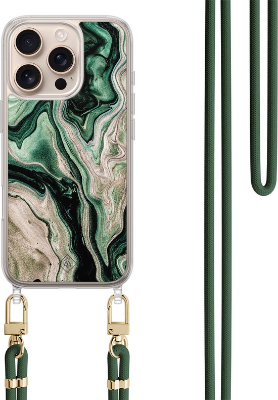 Casimoda® coque avec cordon - Convient pour iPhone 16 Pro - Marbre vert / Marbre - Cordon amovible - TPU/polycarbonate - Vert