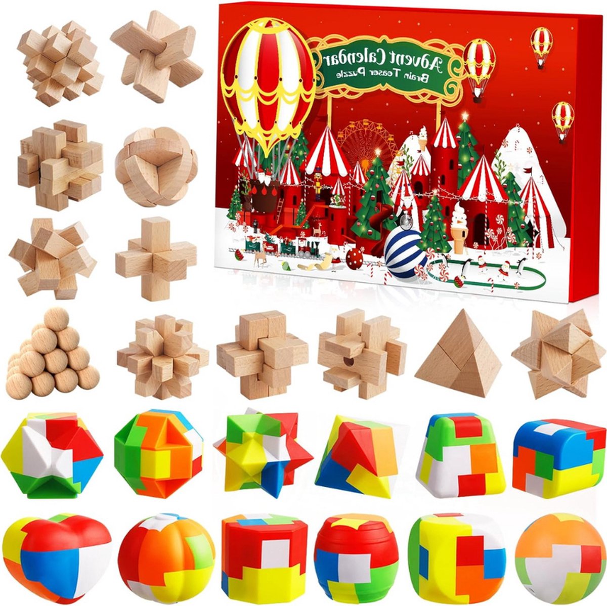 Adventskalender Puzzelspellen 2024 Voor Kinderen en Volwassenen 24 Dagen Van Kerstkalender Aftellen Met Plastic Puzzel en 3D Houten Puzzel Kerstcadeaus Voor Jongens en Meisjes
