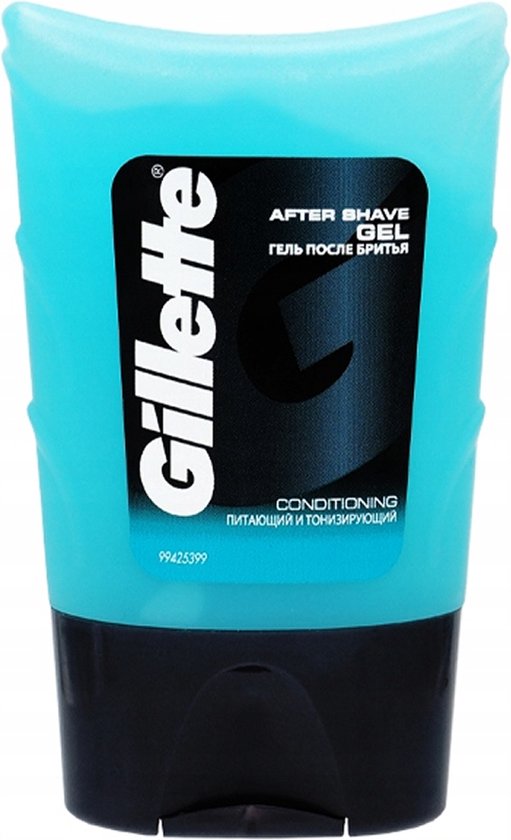 Aqua blauwe tube met zwarte dop en het Gillette logo. Tekst: AFTER SHAVE GEL CONDITIONING.