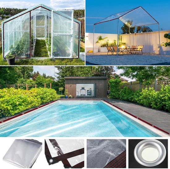 Dekzeil, transparant, met inslagringen, afdekzeil, waterdicht, doorzichtig, dekzeil voor buiten, planten, kas, tuin, meubels, huisdierenhok, dak (1 p., plane-3x3m