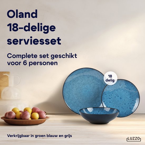 Luzzo® Oland Service de table pour 6 personnes - Vaisselle 18 pièces en grès avec vitrage réactif - Blauw