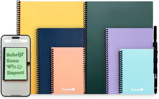 Cahier effaçable coloré Bambook - Blauw - Couverture souple - A5 - Ligné - Cahier tableau blanc durable et réutilisable - Avec 1 marqueur gratuit
