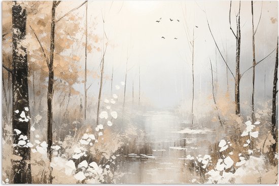 Poster 120x80 cm - Abstract - Verf - Bos - Beige - Bomen - Posters - Kamer decoratie - Wanddecoratie woonkamer - Muurdecoratie slaapkamer - Kerstversiering - Kerstdecoratie voor binnen - Kerstmis