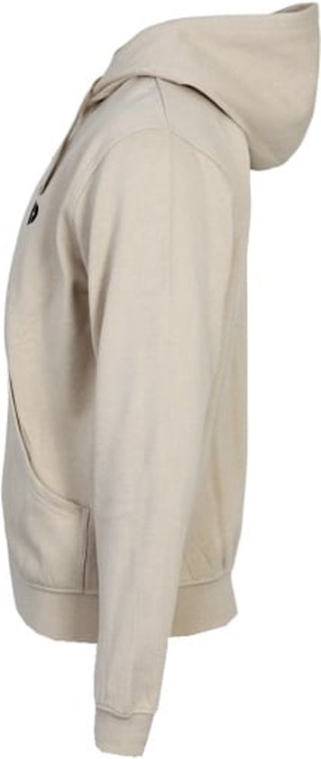Beige hoodie met rits, gezien vanaf de zijkant.