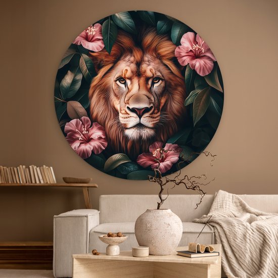 WallCircle - Cercle mural 120x120 - Lion - Fleurs roses - Feuilles - Botanique - Tableaux ronds salon - Plaque murale ronde - Cercle de Décoration murale - Décoration de chambre à l'intérieur - Cercle de Décoration murale - Accessoires de maison XXL