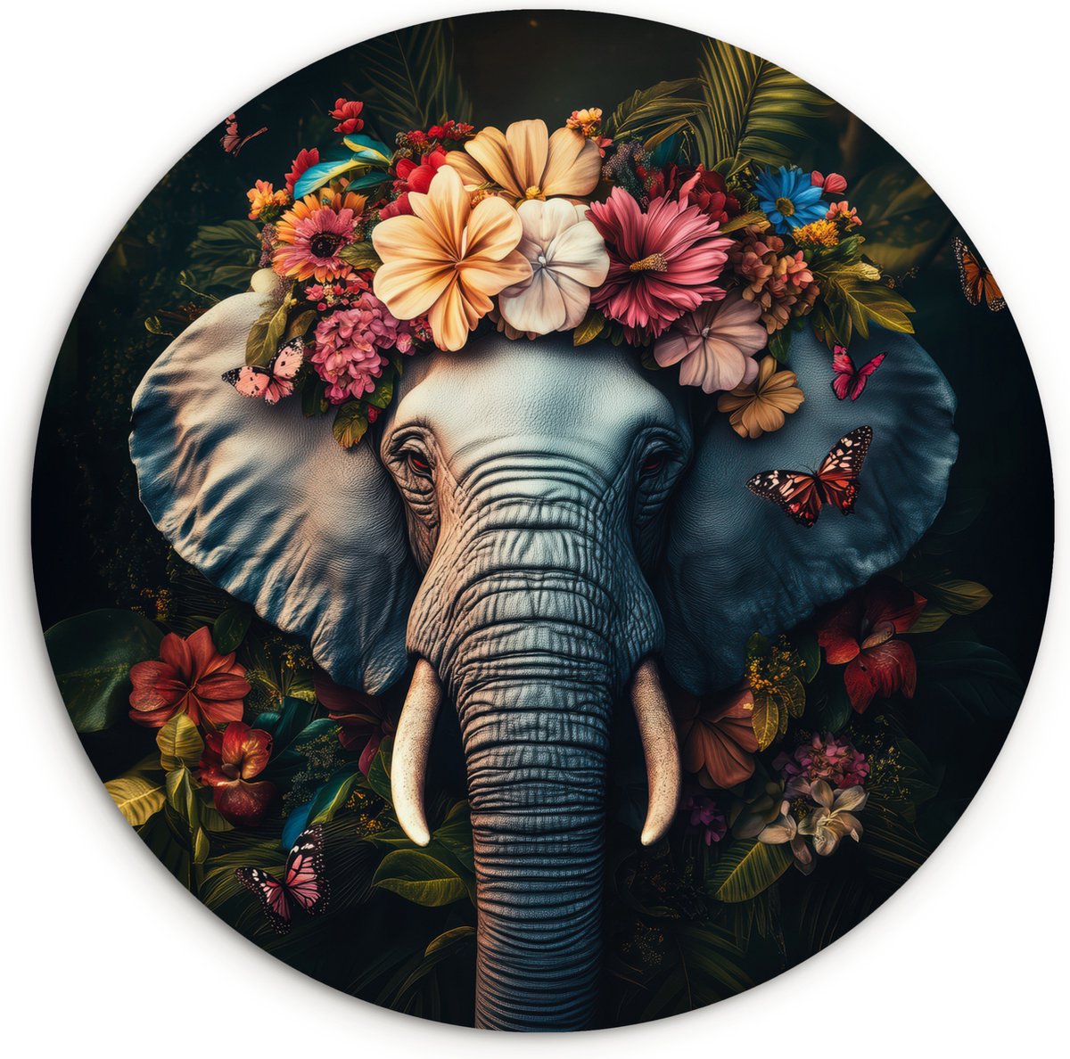 WallCircle Wandcirkel 90x90 - Olifant - Dieren - Bloemen - Natuur - Ronde schilderijen woonkamer - Wandbord rond - Muurdecoratie cirkel - Kamer decoratie binnen - Wanddecoratie muurcirkel - Woonaccessoires