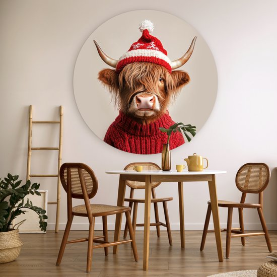 WallCircle® Wandcirkel 150x150 cm - Muurcirkel Schotse Hooglander - Kerst - Muts - Trui - Winter - Muurdecoratie woonkamer - Wanddecoratie slaapkamer - Kamer decoratie accessoires - Ronde schilderijen