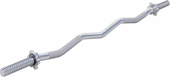 Zilverkleurige EZ Curl stang van 120 cm met schroefsluitingen en een gebogen middenstuk.