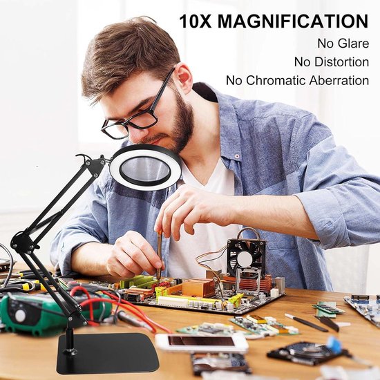 Prise USB LED loupe lampe de bureau bras oscillant 10x verre optique corps en al