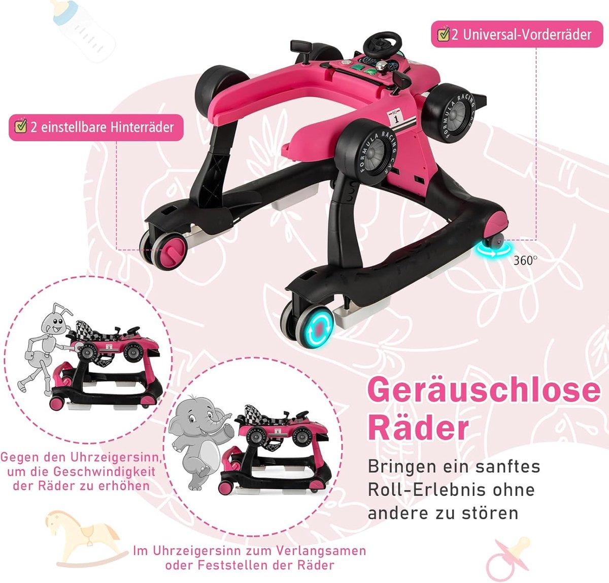 Baby loophulp, baby walker 4-traps in hoogte verstelbaar met