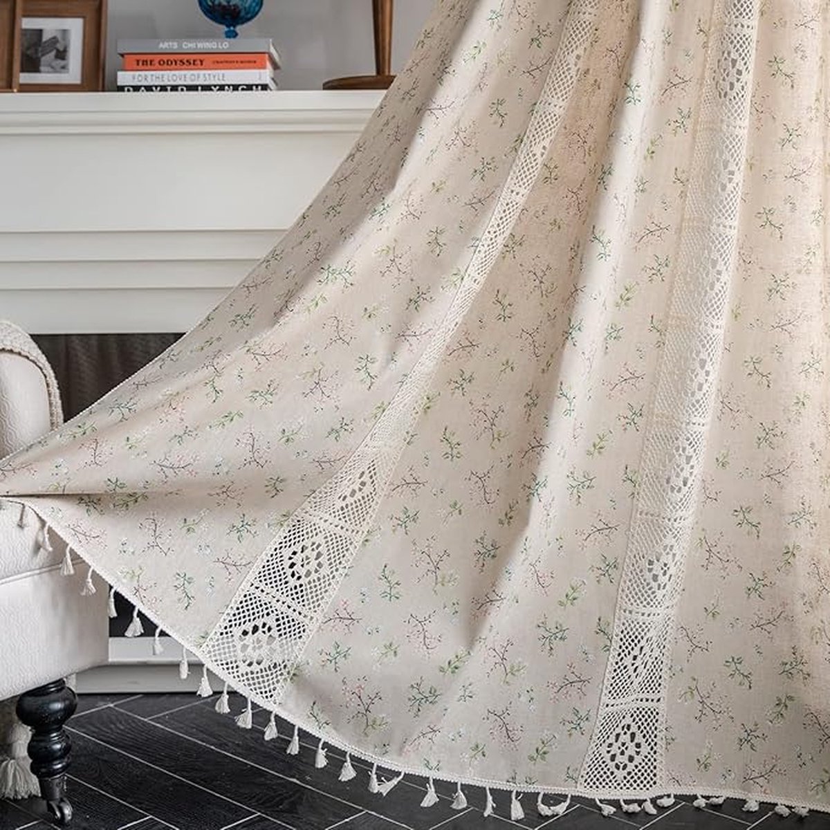 Floraweg Boho gordijn haakjes kanten patchwork semi-blackout bohemian flora print， handgemaakte kwastjes, staaf pocket raambehandeling vintage rustieke boerderij gordijnen voor woonslaapkamer, 59 "W x 63"L(150X160cm),- flora print