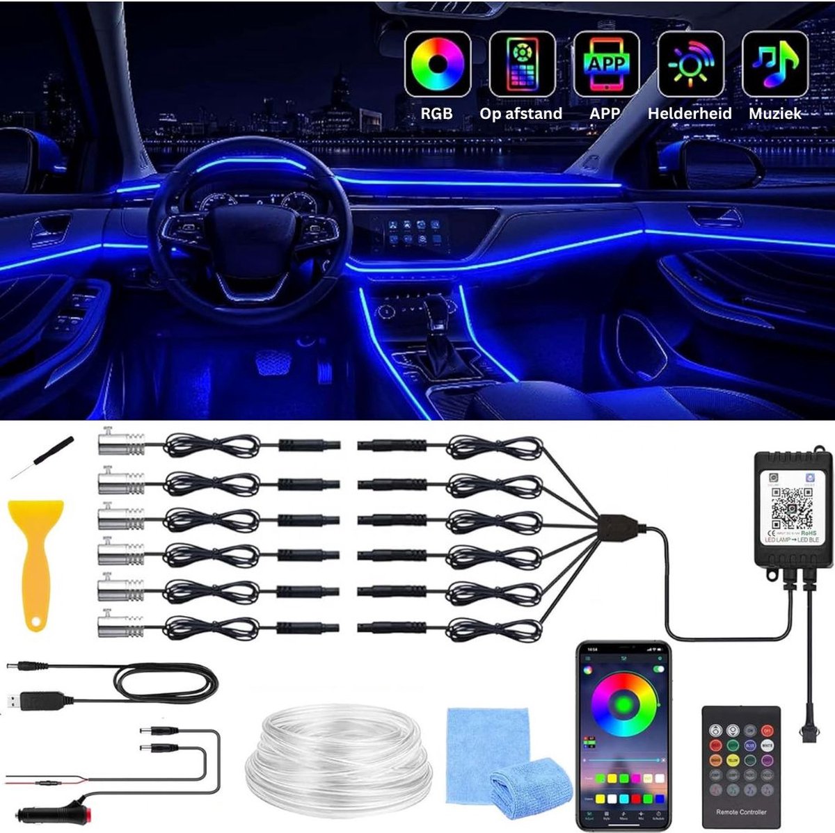 MKSS® Auto Interieur Verlichting - Led Strip Auto – 6M – Met App - RGB