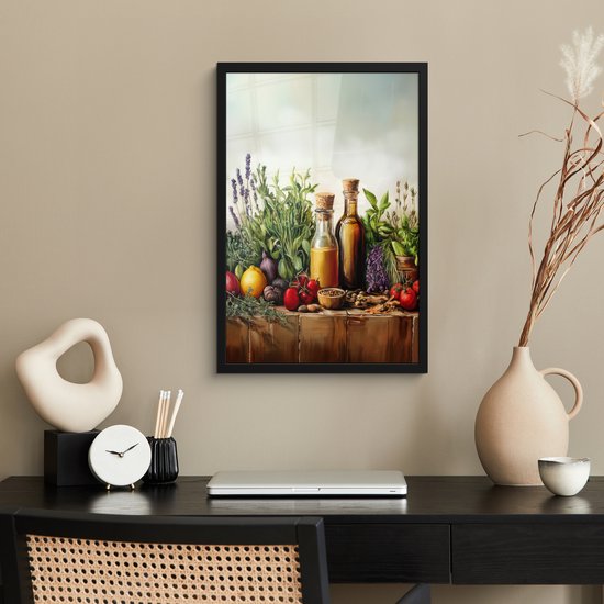 Poster in lijst - Fotolijst 40x60 cm - Posters - Stilleven - Kruiden - Specerijen - Fruit - Kleurrijk - Posterlijst zwart - Decoratie - Wanddecoratie woonkamer - Muurdecoratie slaapkamer