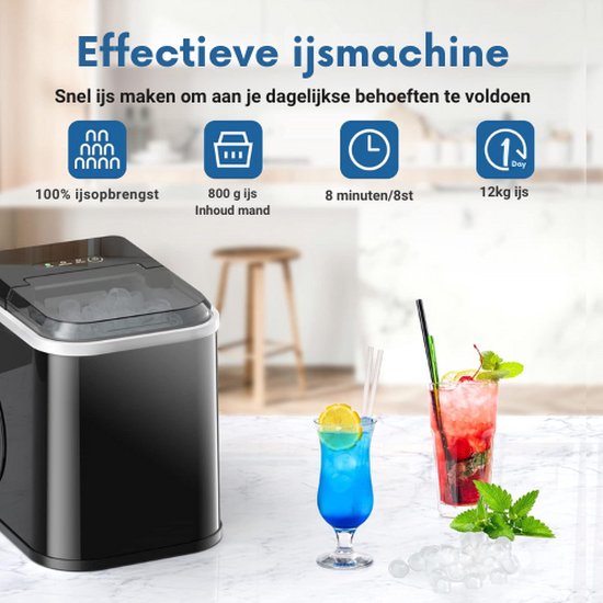 JB® Ijsblokjesmachine - Ijsblokjesmaker - Ijsblokjesmakers - Ijsblokjesmachine Zelfreinigend - Infraroodsensor - Capaciteit 12KG - Zelfreinigingsfunctie - Transparante Venster - Ijsschep Meegeleverd - Binnen 6-10 Min Klaar van JB — afbeelding 3