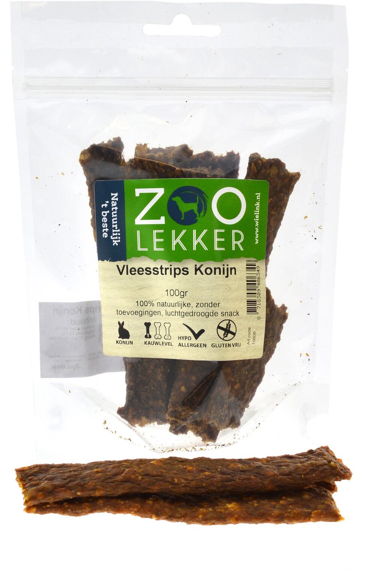 Zoolekker Vleesstrips Konijn - hondensnacks - 100 gram