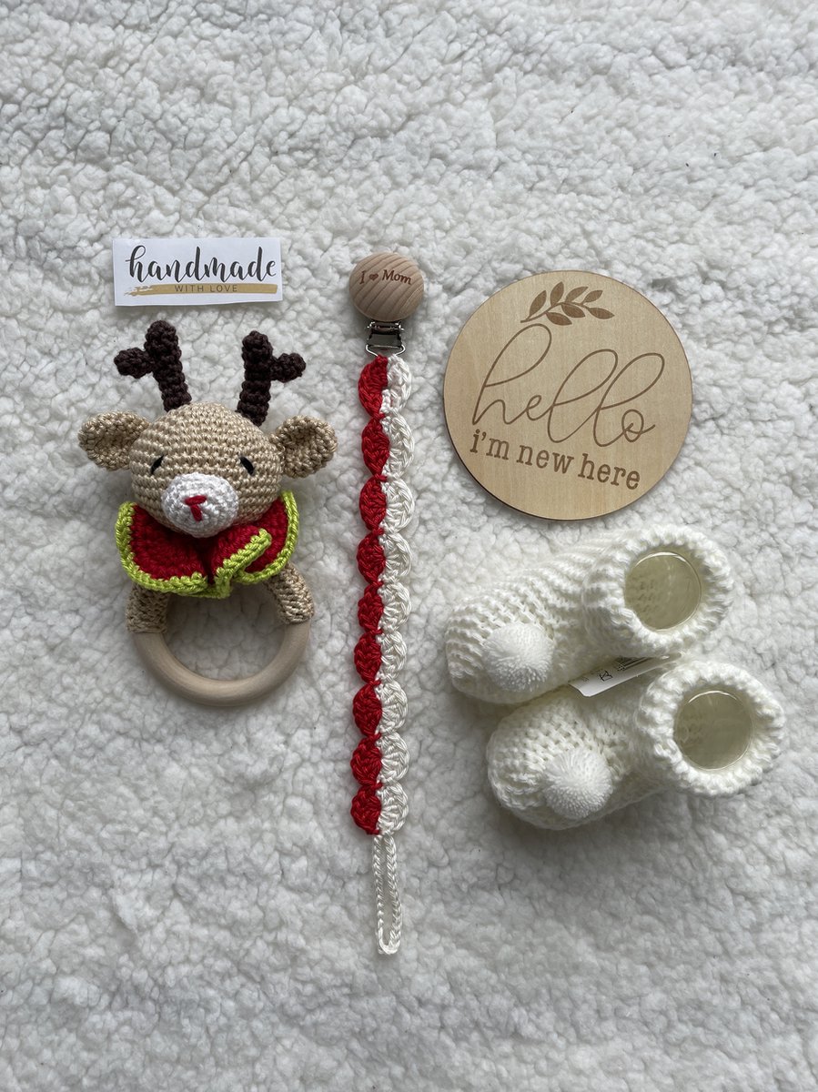 Goedkoopste Maminobaby.nl - Kerstcadeau - Hert - Baby Geschenkset meisjes/jongens | Newborn | Handgemaakte Bijtring | Handmade speenkoord | | Handmade haarband | Kraamcadeau | Babyshower