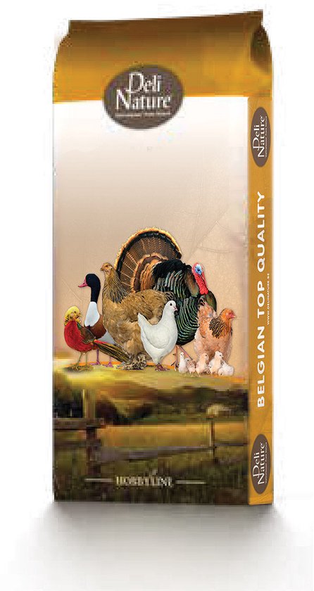 Verpakking met illustratie van kalkoen, kip, fazant, kwartel en kuikens. "Deli Nature Hobby Line"