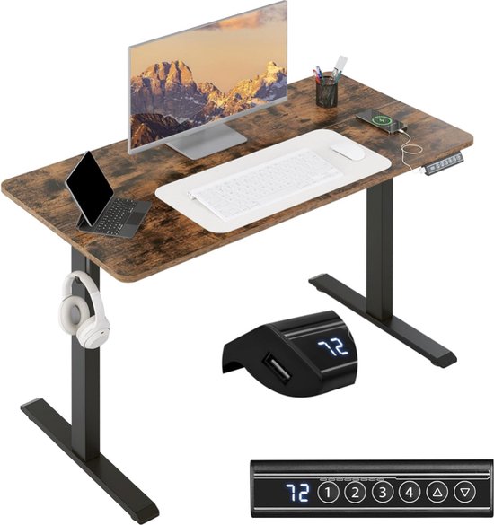 In Hoogte Verstelbaar Elektrisch Bureau 140x60 Cm - Vintage Bruin Sta-Zit Bureau Met Geheugenfunctie & Botsingsbescherming