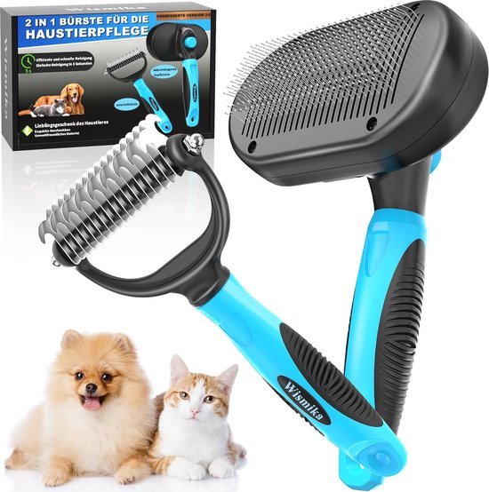 BluePet Korthaar kattenborstel en hondenborstel voor ondervacht, geluk, verwijdering van ondervacht en verzorging van dekhaar (M Blauw (Breedte Kam 66mm