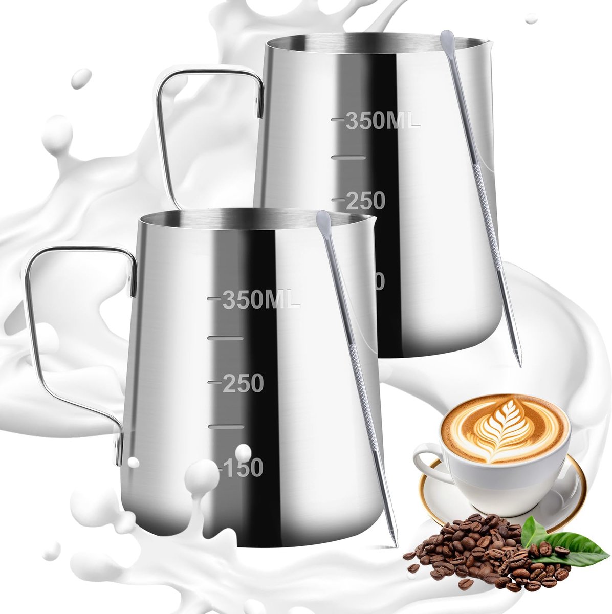 JGS ® Handige Set van Twee Roestvrijstalen Melkkannetjes voor Perfecte Koffiecreaties