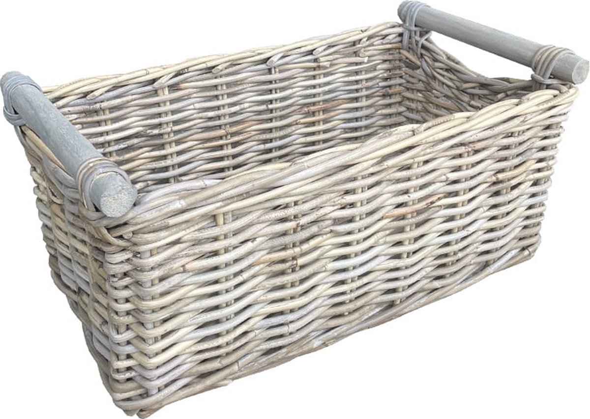 Rotan Mand Met Houten Handvatten - 56x30xH20 cm