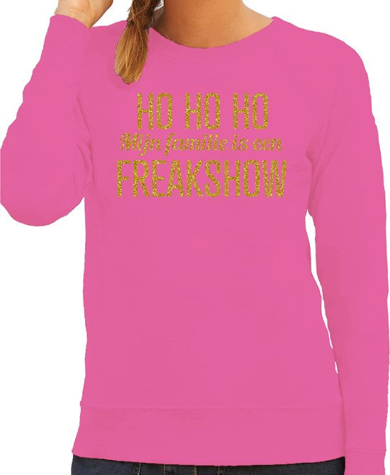 Bellatio Decorations Foute kersttrui/sweater voor dames - Hohoho freak show - roze - glitter goud XL