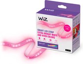 Een doos van WiZ met een roze LED-strip die eruit kronkelt. Op de doos staat 'SMART LED STRIP EXTRA BRIGHT WHITE AND VIVID COLORS'.