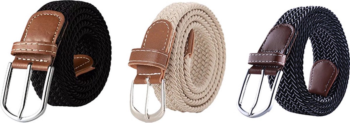Actie4you® - Elastische Geweven Riem - Gevlochten Riem - Canvas Riemen - Unisex - 105CM – Zwart Beige Mix kleur - Combi Deal - 3 Stuks