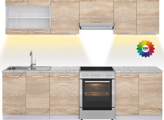 Vicco Elément de cuisine complet Raul, Sonoma/ Wit, 270 cm, WB Marble avec bande LED