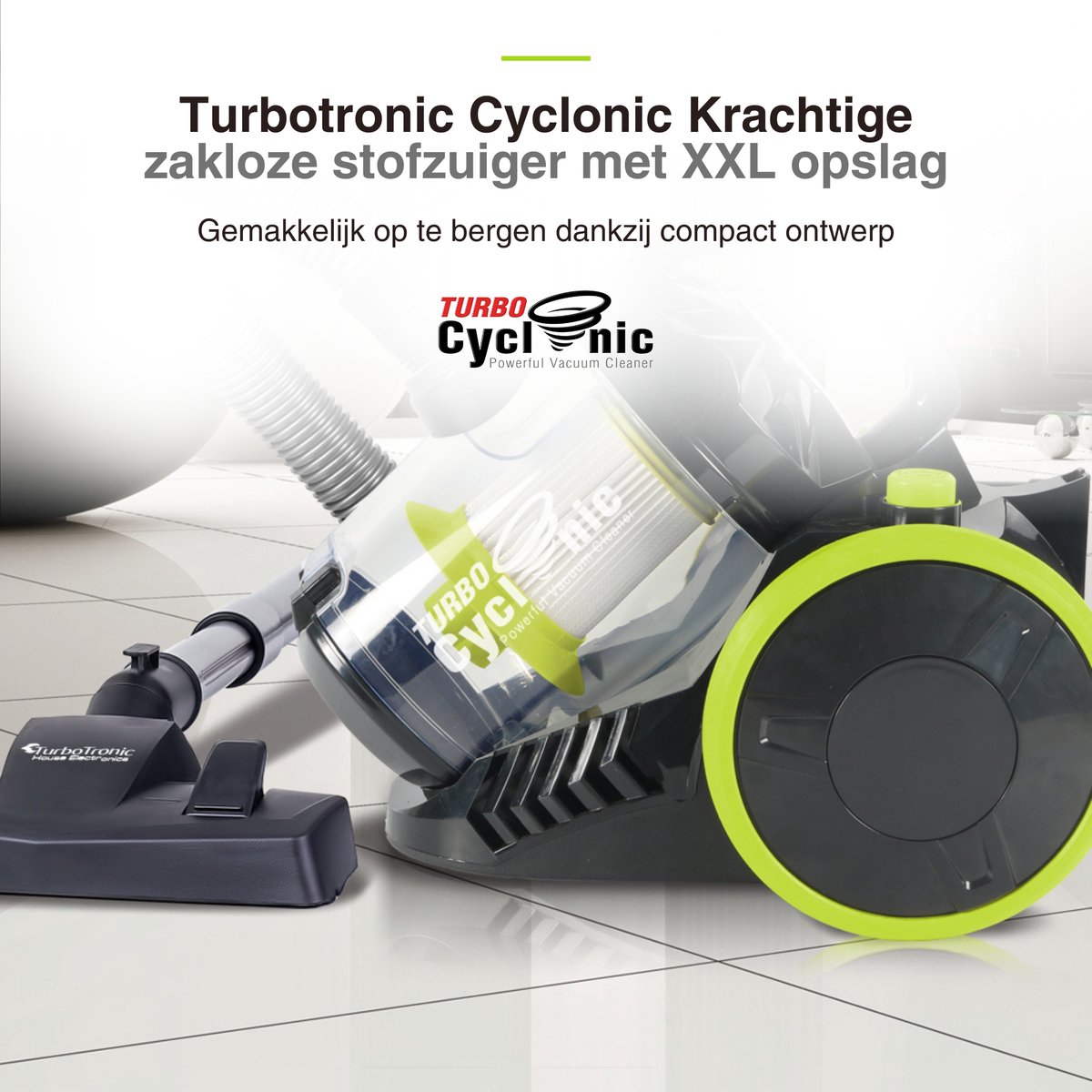 TurboTronic CV07 Stofzuiger zonder zak - Compact Design - Hoge Zuigkracht - Zakloze Stofzuiger - Zwart/Groen – foto 2