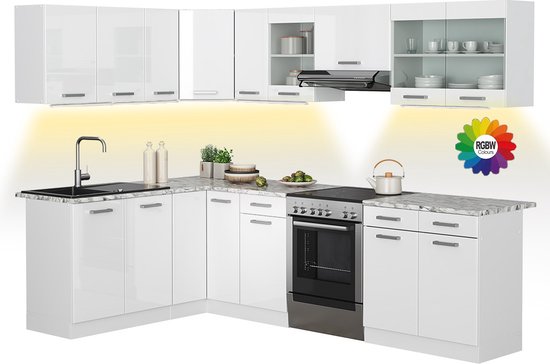 Vicco Cuisine d'angle Rick, Wit/ blanc brillant, 267 x 167 cm, WB Marbre avec bande LED