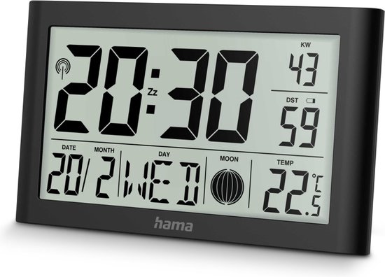 Zwarte digitale Hama klok met display tonend 20:30, datum, maanfase, temperatuur en weeknummer.