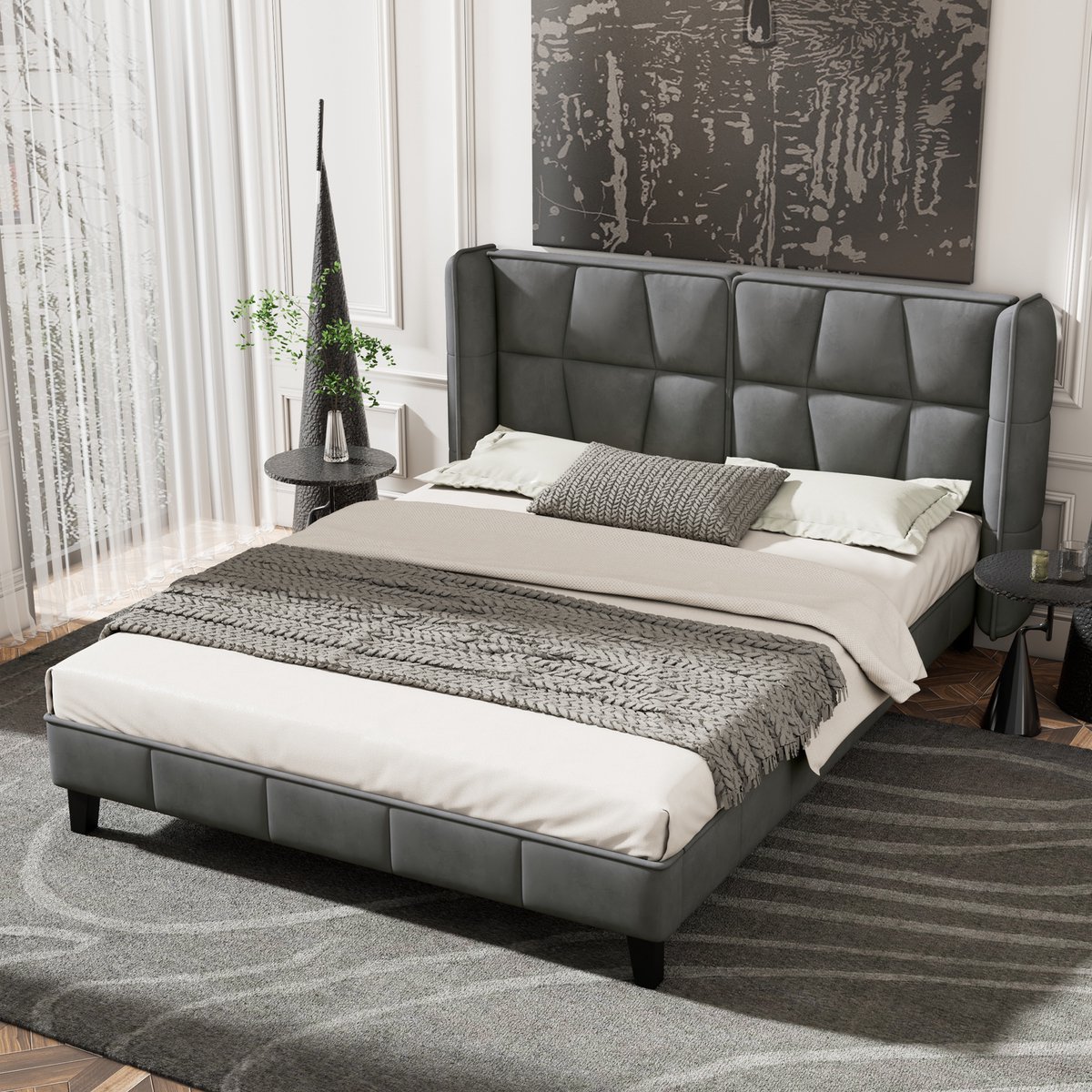 Tweepersoonsbed, Grijs (Zonder matras), 140*200 cm, Fluweel, met Lattenbodem en hoofdeinde, adolescentenbed, houten lattenbodems
