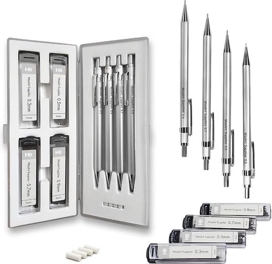 Set van 4 vulpotloden, 0,3/0,5/0,7/0,9 mm, 4 tubes (48 stuks), HB potloden, vervangbare navullingen en 2 stuks gummen, voor studenten, schrijven, tekenen