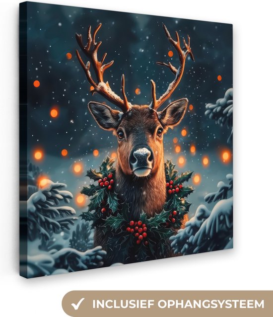 Canvas schilderij 20x20 cm - Wanddecoratie Hert - Kerst - Winter - Sneeuw - Kerstkrans - Muurdecoratie woonkamer - Kerstdecoratie voor binnen - Kerstversiering decoratie - Kerstmis versiering in huis - Christmas decorations - Kerstaccessoires