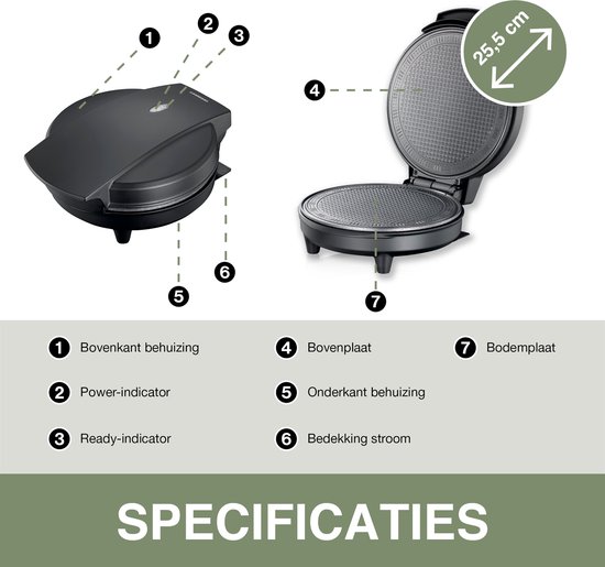 Specificaties van zwart wafelijzer: gesloten en open stand met maatindicatie.