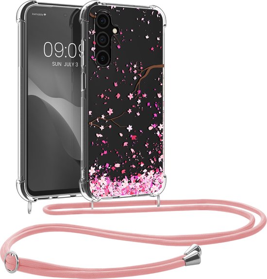 kwmobile telefoonhoesje geschikt voor Samsung Galaxy A15 5G - Hoesje met telefoonkoord - Back cover voor smartphone - Case in poederroze / donkerbruin / transparant