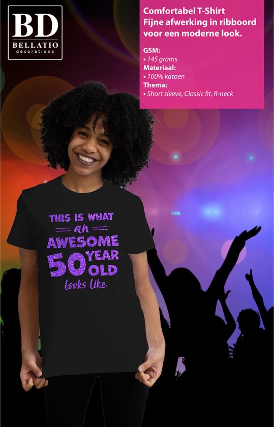 T-shirt Bellatio Decorations Fancy Dress femme - 50 ans - génial - noir - violet pailleté - Sarah XXL