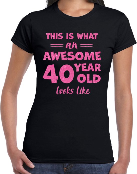 Bellatio Decorations T-shirt habillé pour femmes - âge 40 ans - génial - noir - rose pailleté - Anniversaire L