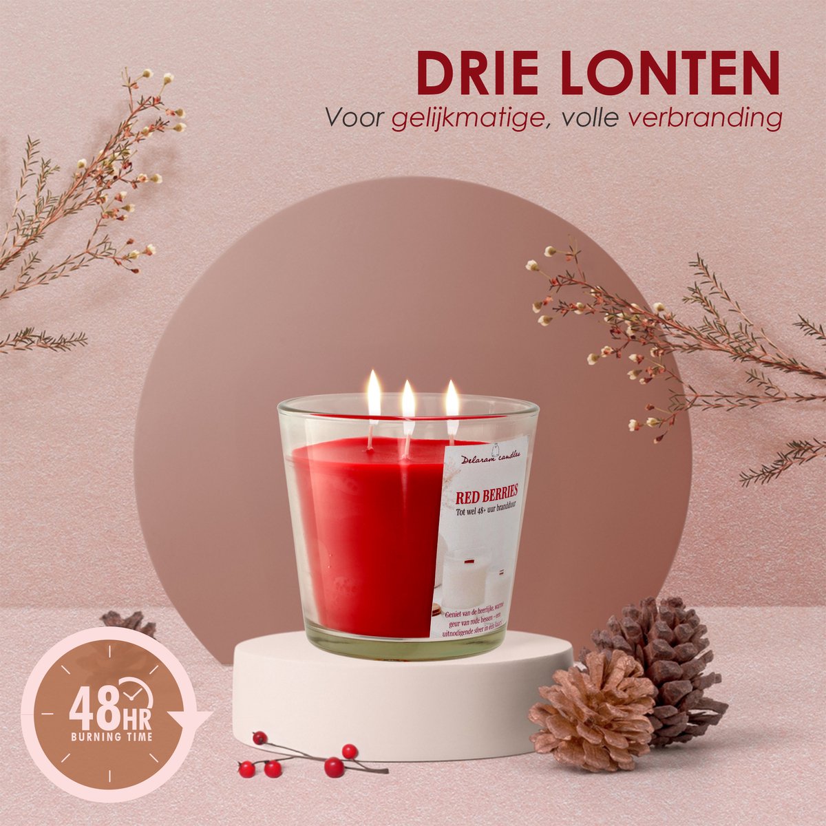 Geurkaars in glas Red Berries rode bessen - Grote luxe Buitenkaars - 48 uur brandduur - Drie lonten scented candle — cadeau in Wonen & Interieur - foto 7