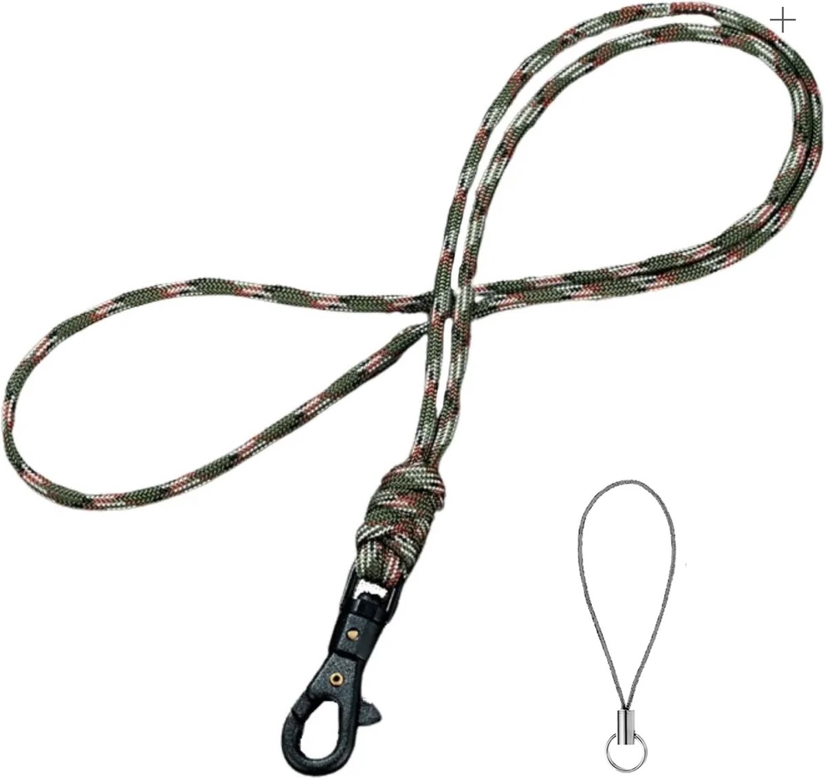 Travel Cords - keycord geknoopt donkergroen-rood-creme - paracord - zwarte karabijnhaak - sleutels en telefoon - lanyard - met telefooncord - sleutelkoord