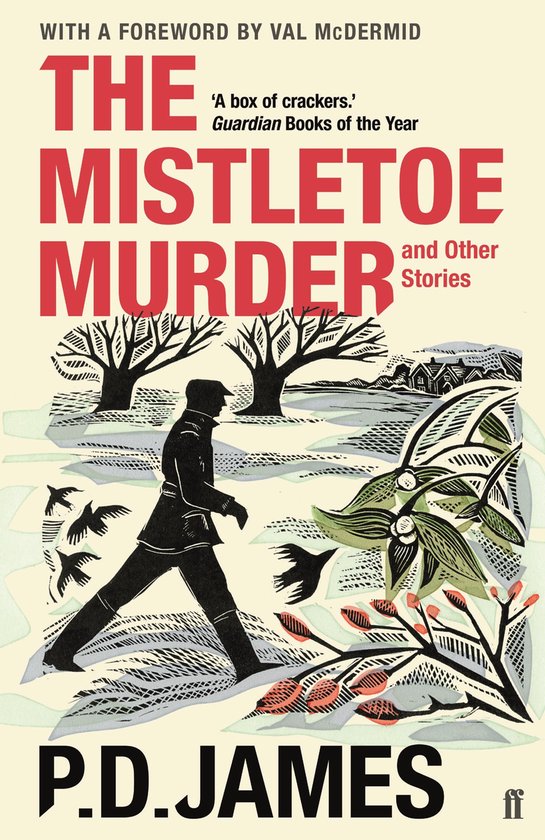 Boekcover met de titel 'The Mistletoe Murder and Other Stories' door P.D. James, met een man die door de sneeuw loopt.