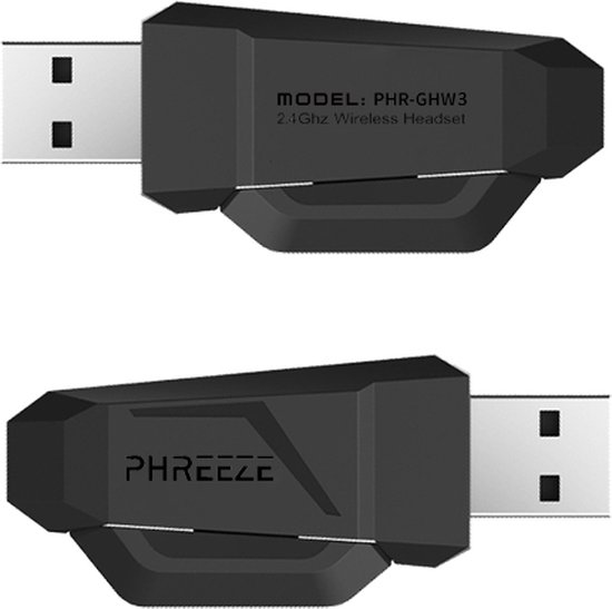Twee zwarte 2.4Ghz wireless headset dongles van Phreeze, model PHR-GHW3.