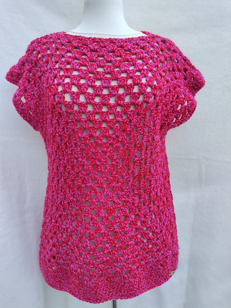 Handmaakte trui korte mouw spencer in rood, roze gemeleerd Maat L