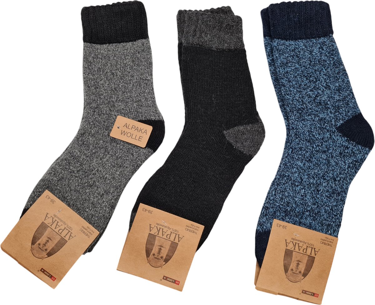 Alpaca Wollen Sokken- Huissokken - Wintersokken - Thermosokken - 3Pack – Grijs Zwart Blauw - 39-43