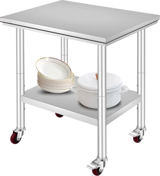 Werktafel, 2 niveaus, roestvrij staal, keukentafel met in hoogte verstelbare plank, keuken, levensmiddelen, bereidingstafel voor keukentafel