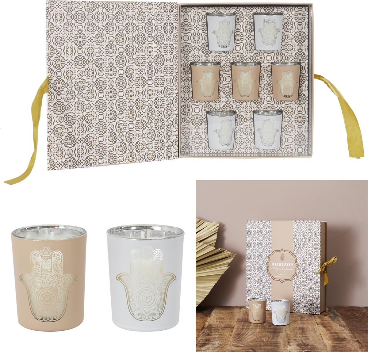 Luxe Geurkaarsenset met Hamsa Design – 7 Stuks – Rose, Oud & Musk Geuren – Decoratieve Kaarsen in Cadeaubox – Spirituele Sfeerkaarsen voor Ontspanning of Geschenk – Beige/Wit — cadeau in Wonen & Interieur - foto 2