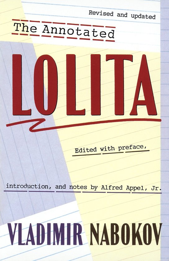 Boekomslag van 'The Annotated Lolita', met de titel in grote rode letters. Ondertitel 'Revised and updated'. Auteur: Vladimir Nabokov.
